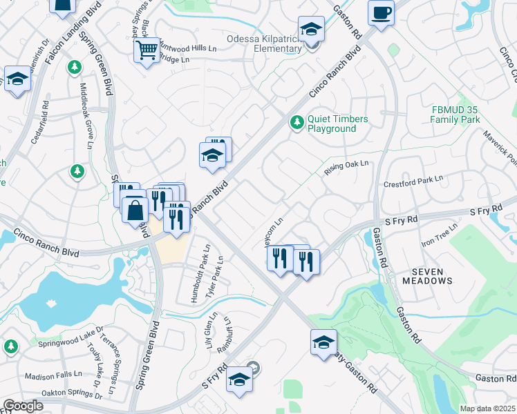 map of restaurants, bars, coffee shops, grocery stores, and more near 5111 Birch Manor Lane in Katy