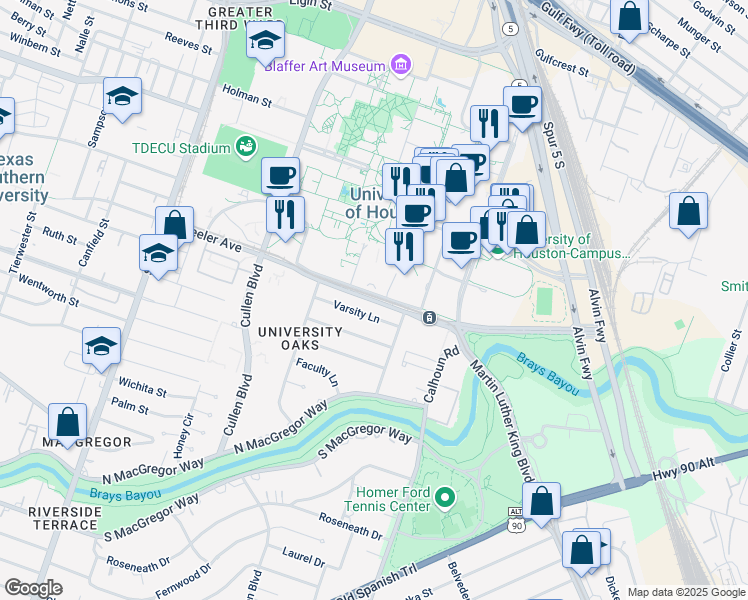 map of restaurants, bars, coffee shops, grocery stores, and more near 4390 Wheeler Avenue in Houston