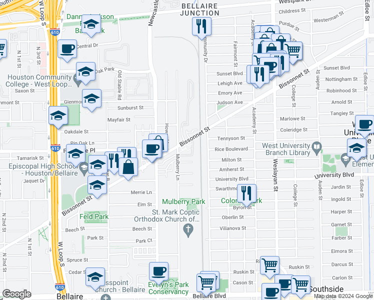map of restaurants, bars, coffee shops, grocery stores, and more near 4301 Bissonnet Street in Bellaire