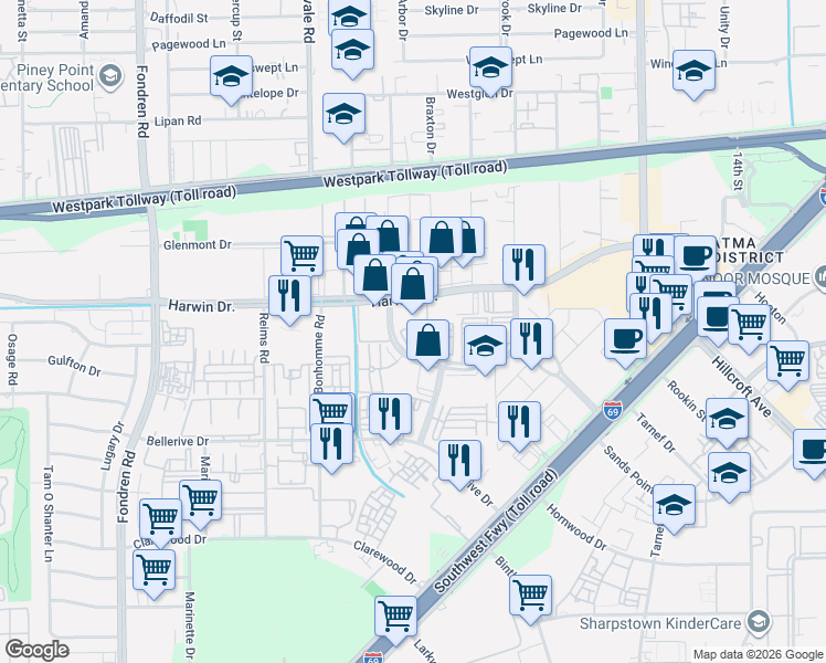map of restaurants, bars, coffee shops, grocery stores, and more near 7206 Turtle Lagoon Row in Houston