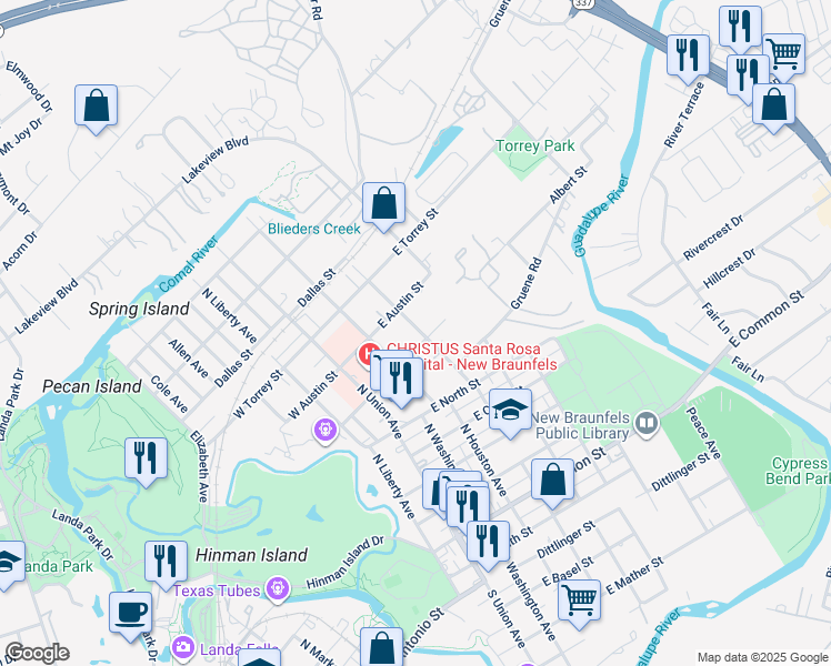 map of restaurants, bars, coffee shops, grocery stores, and more near 627 North Central Avenue in New Braunfels