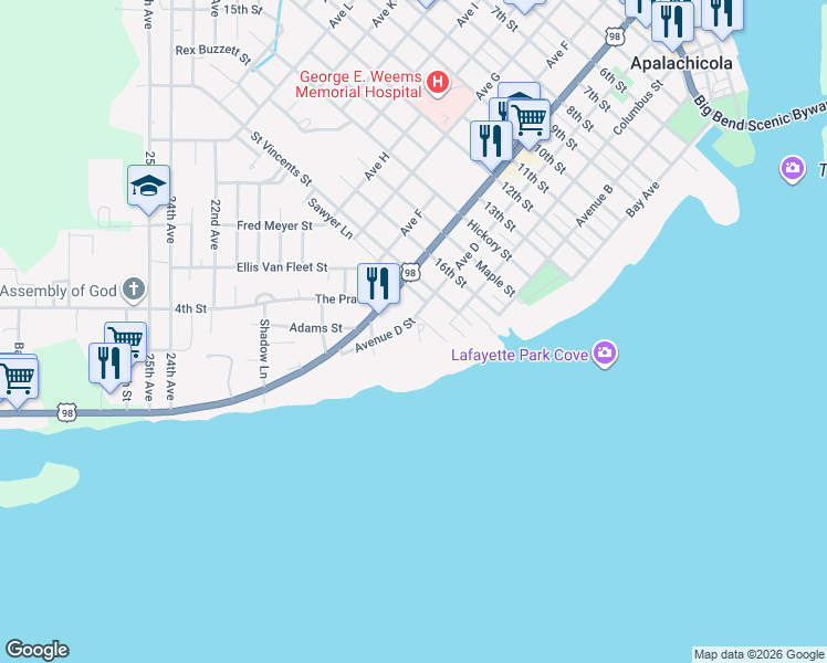 map of restaurants, bars, coffee shops, grocery stores, and more near 30 Myrtle Avenue in Apalachicola