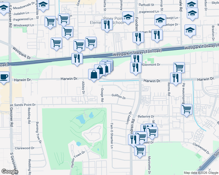 map of restaurants, bars, coffee shops, grocery stores, and more near 7907 Prestwood Drive in Houston