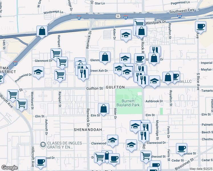 map of restaurants, bars, coffee shops, grocery stores, and more near 5750 Gulfton Street in Houston