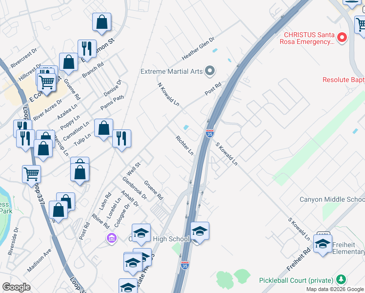 map of restaurants, bars, coffee shops, grocery stores, and more near 160 Richter Lane in New Braunfels