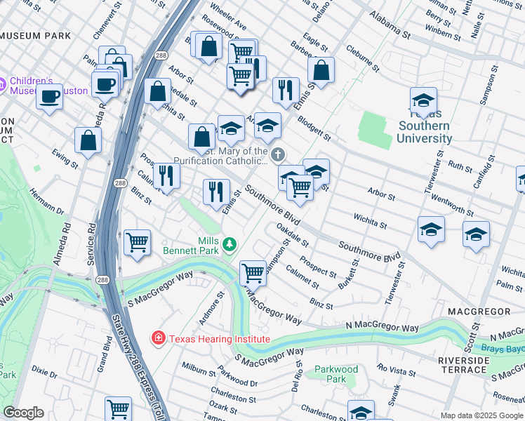 map of restaurants, bars, coffee shops, grocery stores, and more near 3131 Oakdale Street in Houston