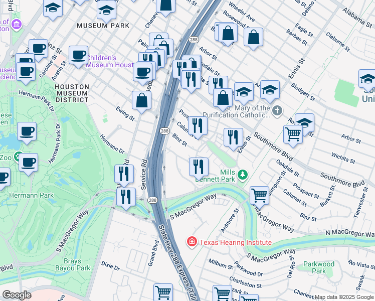 map of restaurants, bars, coffee shops, grocery stores, and more near 2515 Riverside Drive in Houston