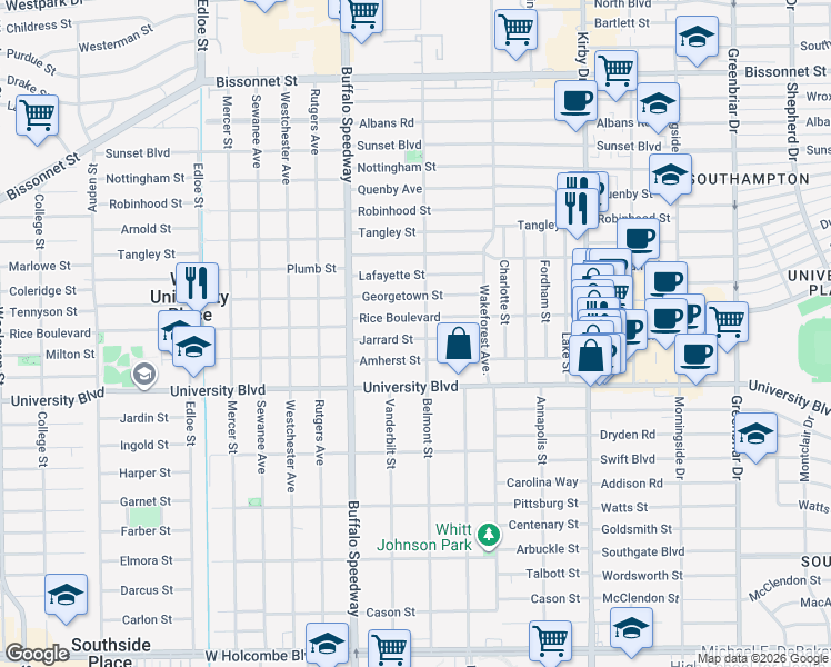 map of restaurants, bars, coffee shops, grocery stores, and more near 3017 Jarrard Street in Houston
