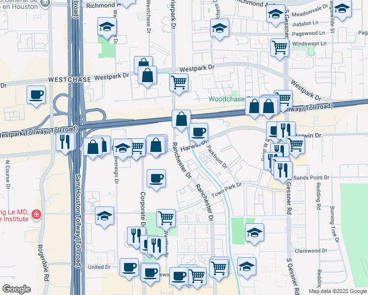 map of restaurants, bars, coffee shops, grocery stores, and more near in Houston