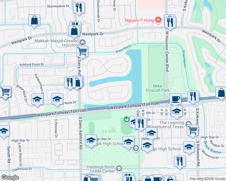 map of restaurants, bars, coffee shops, grocery stores, and more near 12319 Shadow Green Drive in Houston