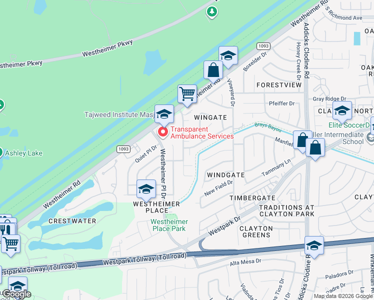 map of restaurants, bars, coffee shops, grocery stores, and more near 3806 Wingate Park Drive in Houston