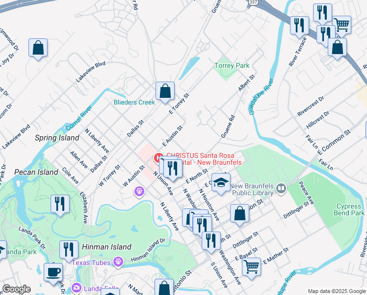 map of restaurants, bars, coffee shops, grocery stores, and more near 295 East Garza Street in New Braunfels