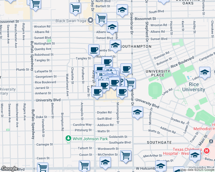 map of restaurants, bars, coffee shops, grocery stores, and more near 2450 Times Boulevard in Houston
