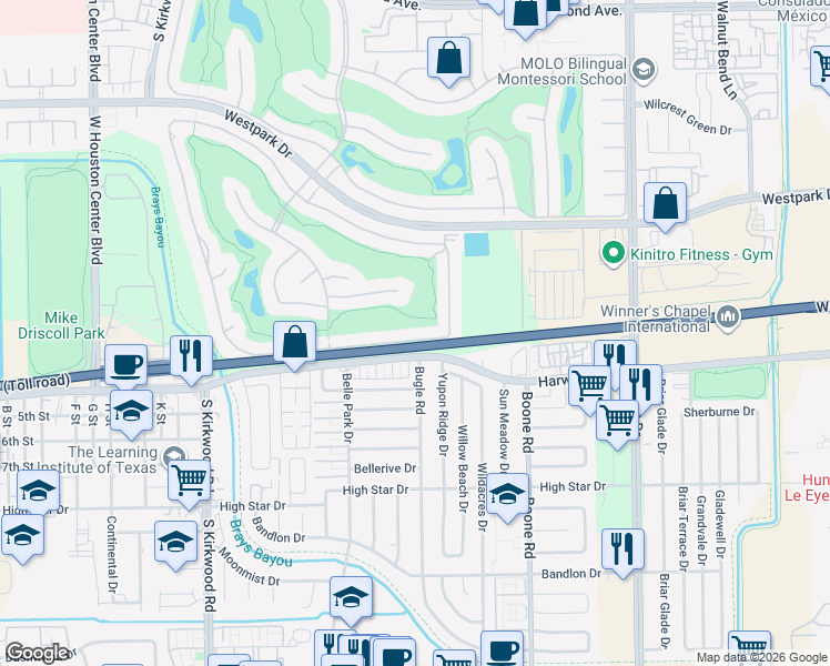 map of restaurants, bars, coffee shops, grocery stores, and more near 11422 Montmarte Boulevard in Houston