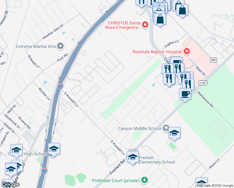 map of restaurants, bars, coffee shops, grocery stores, and more near Indian Grass Drive in New Braunfels