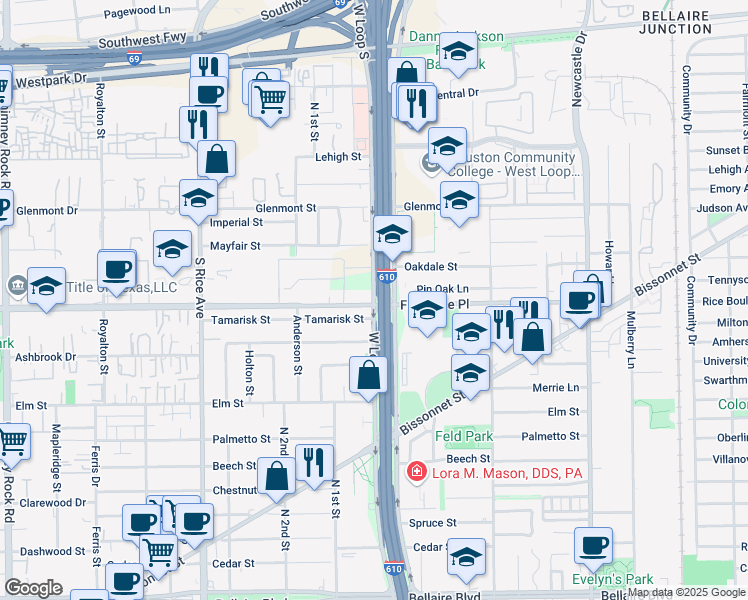 map of restaurants, bars, coffee shops, grocery stores, and more near 5950 West Loop South in Bellaire