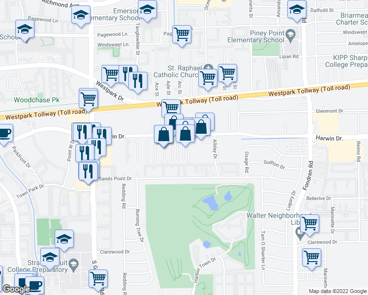 map of restaurants, bars, coffee shops, grocery stores, and more near 9777 Harwin Drive in Houston