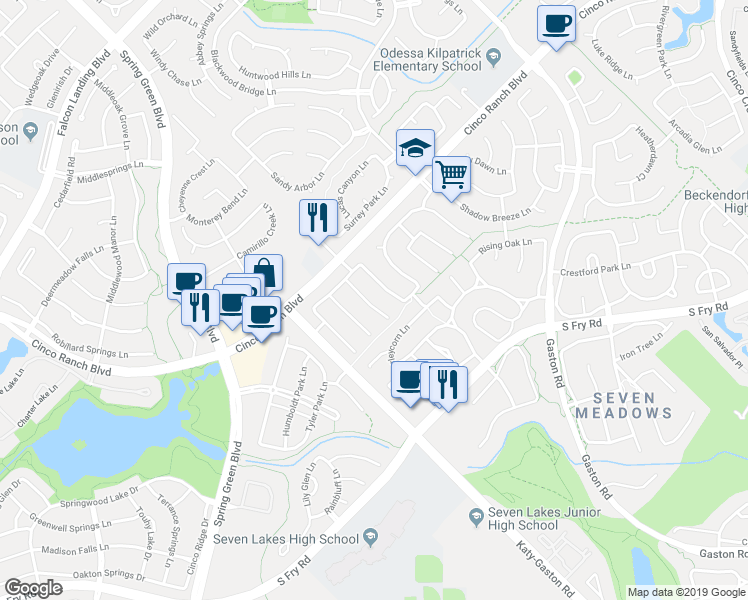map of restaurants, bars, coffee shops, grocery stores, and more near 5103 Birch Manor Lane in Katy