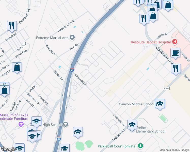 map of restaurants, bars, coffee shops, grocery stores, and more near 128 Limestone Drive in New Braunfels