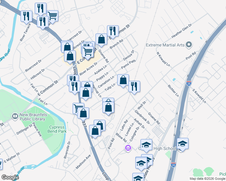 map of restaurants, bars, coffee shops, grocery stores, and more near 1328 Summerwood Drive in New Braunfels