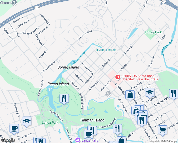 map of restaurants, bars, coffee shops, grocery stores, and more near 962 Chicago Avenue in New Braunfels