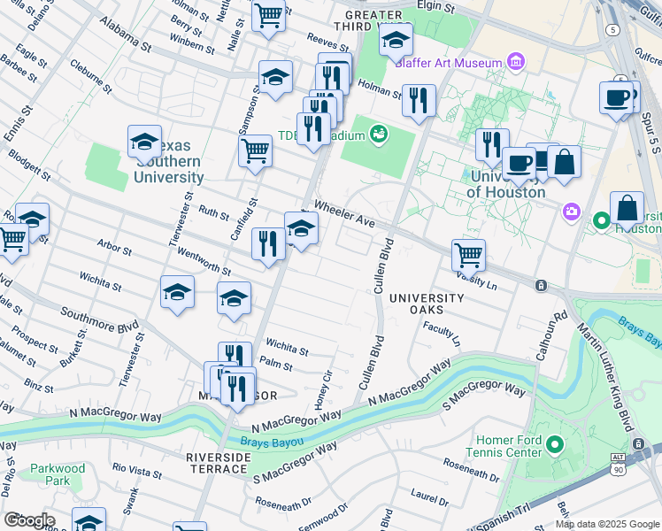 map of restaurants, bars, coffee shops, grocery stores, and more near 3833 Blodgett Street in Houston