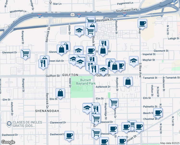 map of restaurants, bars, coffee shops, grocery stores, and more near in Houston