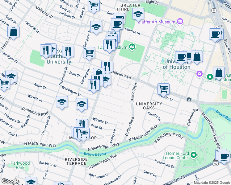 map of restaurants, bars, coffee shops, grocery stores, and more near 3833 Blodgett Street in Houston