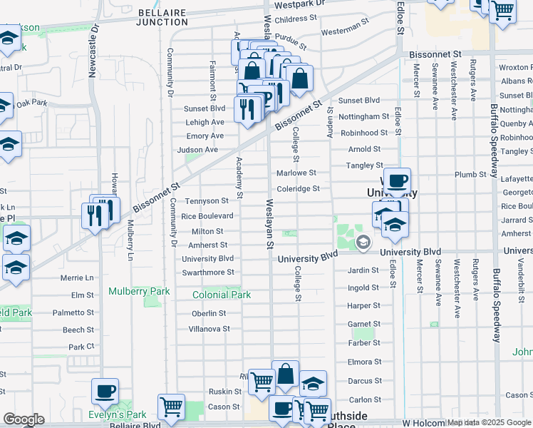 map of restaurants, bars, coffee shops, grocery stores, and more near 4015 Rice Boulevard in Houston