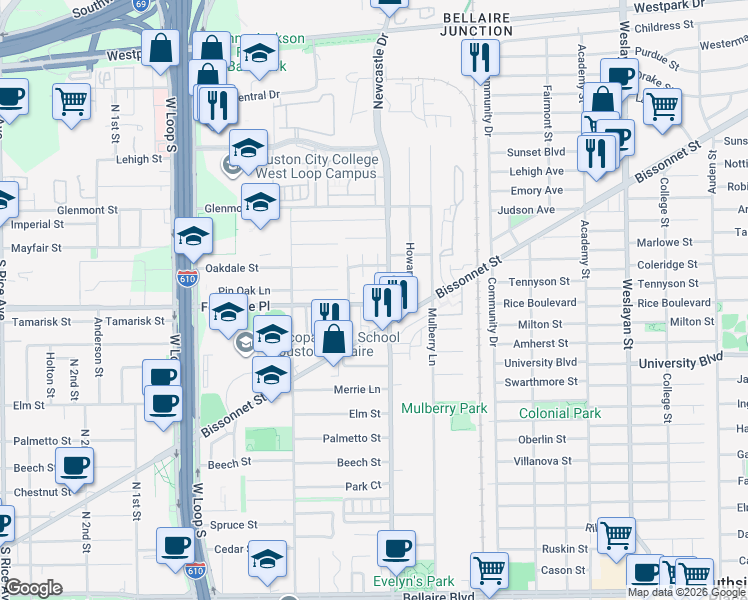 map of restaurants, bars, coffee shops, grocery stores, and more near 4500 Bissonnet Street in Bellaire