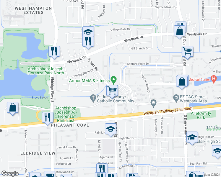map of restaurants, bars, coffee shops, grocery stores, and more near 13180 Ashford Point Drive in Houston