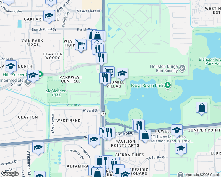 map of restaurants, bars, coffee shops, grocery stores, and more near 14531 Windmill Forest Drive in Houston