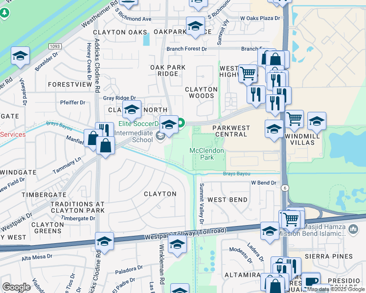 map of restaurants, bars, coffee shops, grocery stores, and more near 3657-3799 Green Crest Dr in Houston