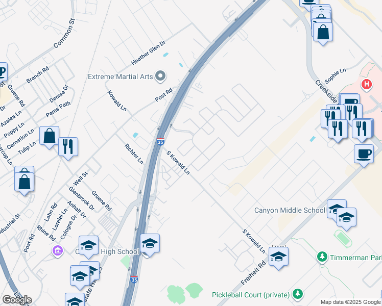 map of restaurants, bars, coffee shops, grocery stores, and more near 372 Pheasant Lane in New Braunfels
