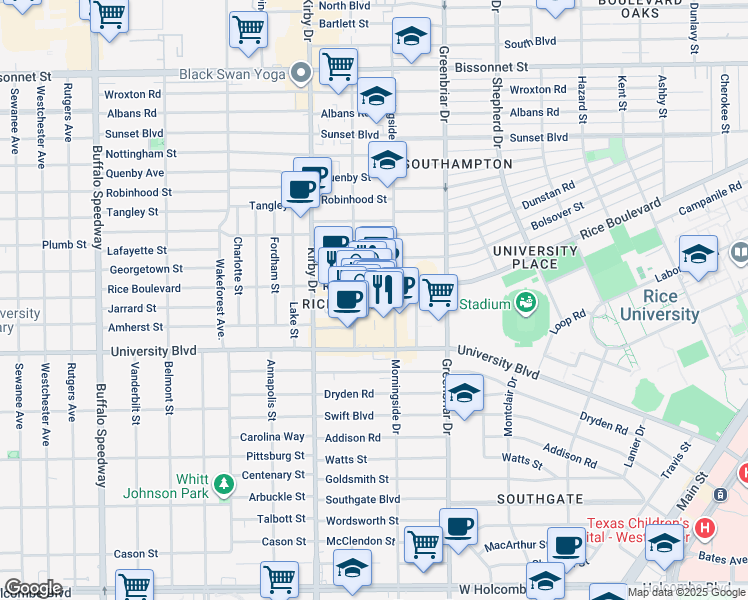 map of restaurants, bars, coffee shops, grocery stores, and more near 2450 Times Boulevard in Houston