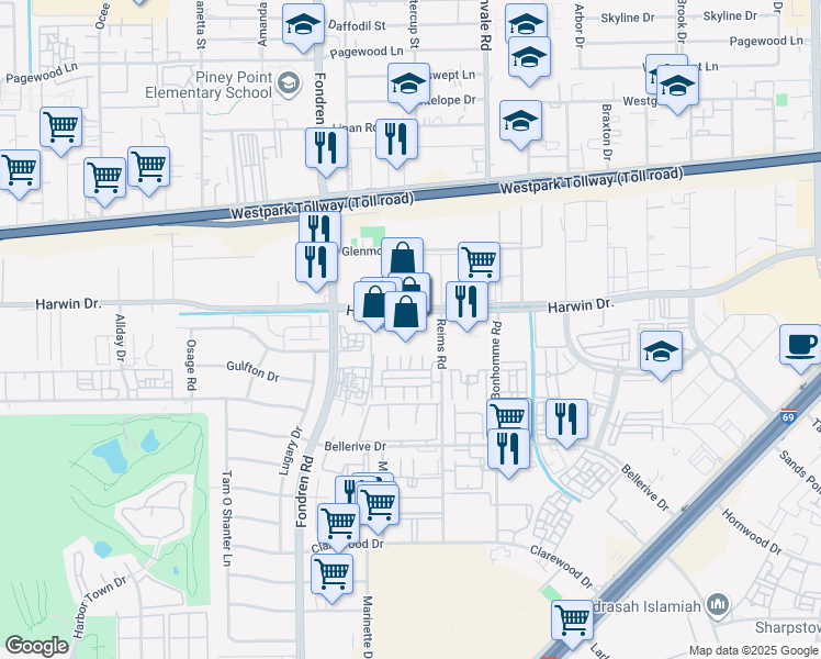 map of restaurants, bars, coffee shops, grocery stores, and more near 7501 Harwin Drive in Houston