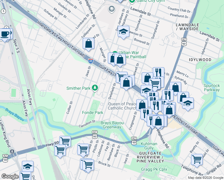 map of restaurants, bars, coffee shops, grocery stores, and more near 2405 Delafield Street in Houston