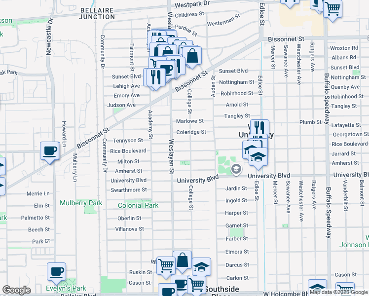 map of restaurants, bars, coffee shops, grocery stores, and more near 3921 Rice Boulevard in Houston