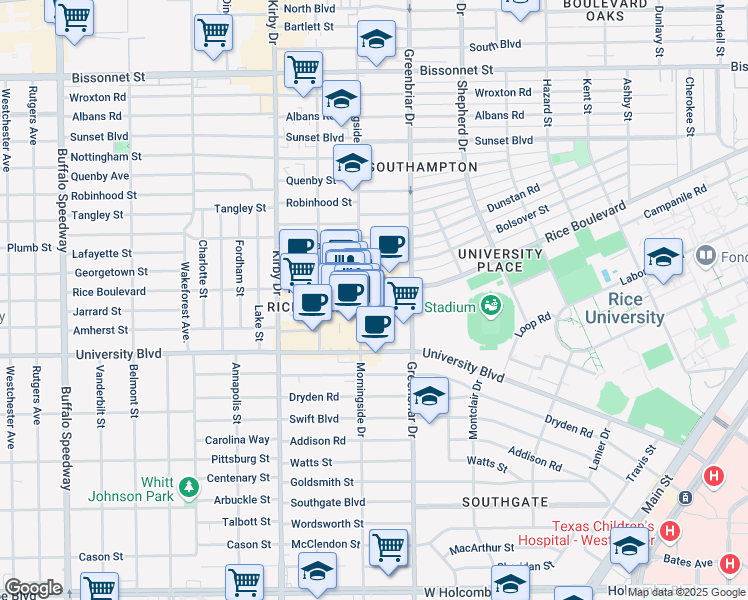 map of restaurants, bars, coffee shops, grocery stores, and more near 5505 Morningside Drive in Houston