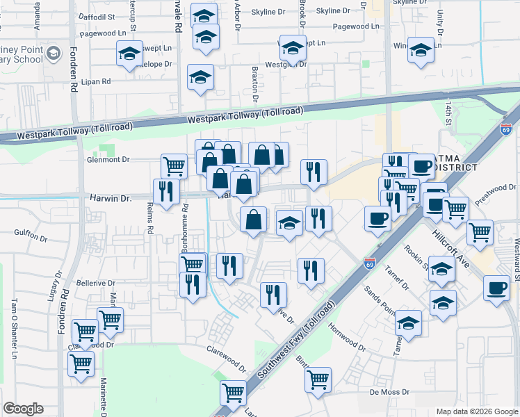 map of restaurants, bars, coffee shops, grocery stores, and more near 7206 Turtle Lagoon Row in Houston
