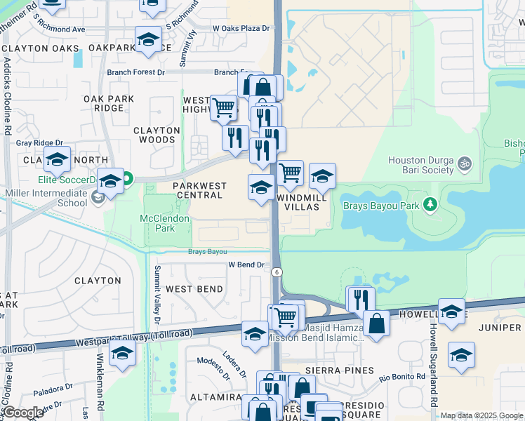 map of restaurants, bars, coffee shops, grocery stores, and more near 3710 South Texas 6 in Houston