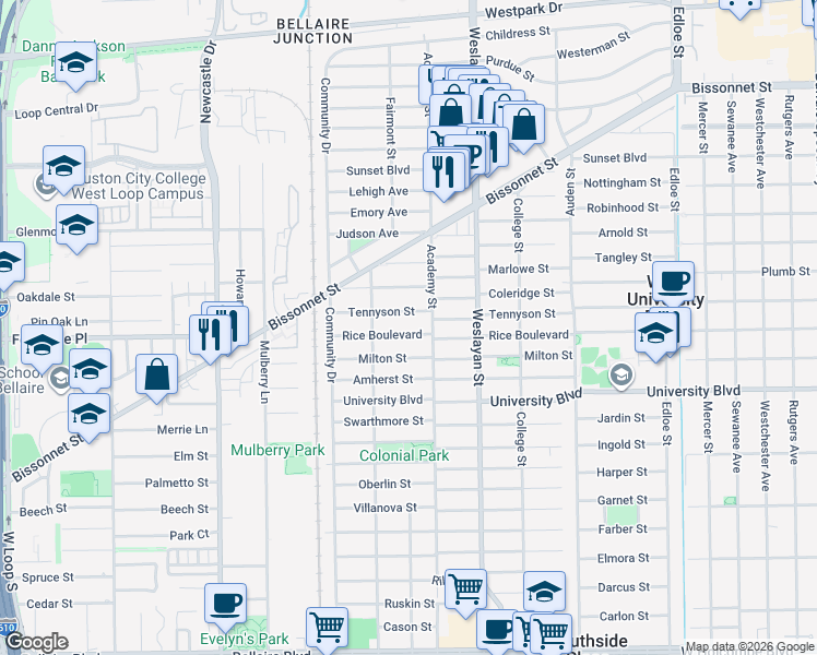 map of restaurants, bars, coffee shops, grocery stores, and more near 4111 Rice Boulevard in West University Place