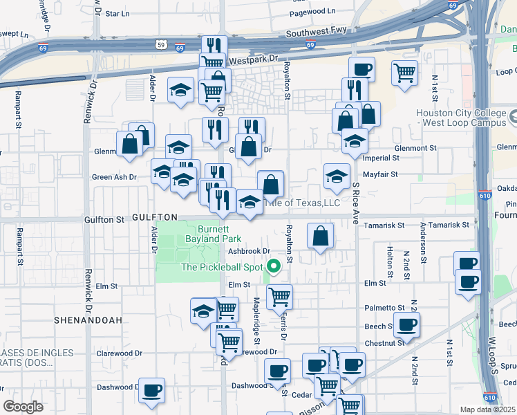 map of restaurants, bars, coffee shops, grocery stores, and more near 5338 Gulfton Street in Houston