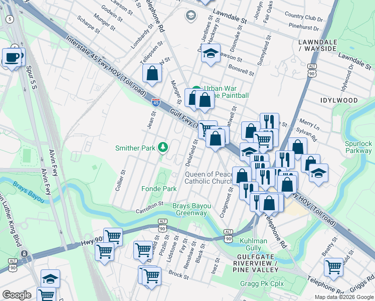 map of restaurants, bars, coffee shops, grocery stores, and more near 2405 Delafield Street in Houston