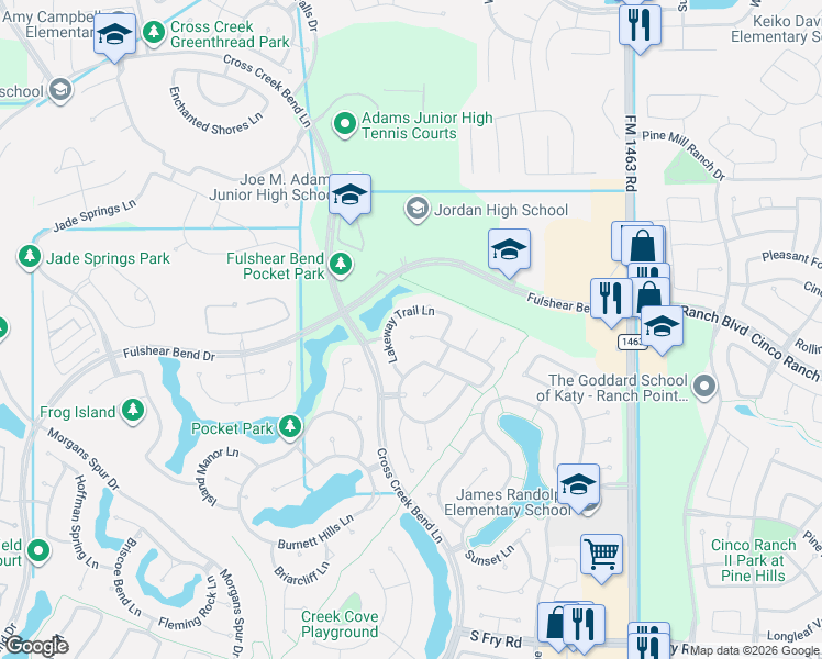 map of restaurants, bars, coffee shops, grocery stores, and more near 27519 Llano Meadows Lane in Fulshear