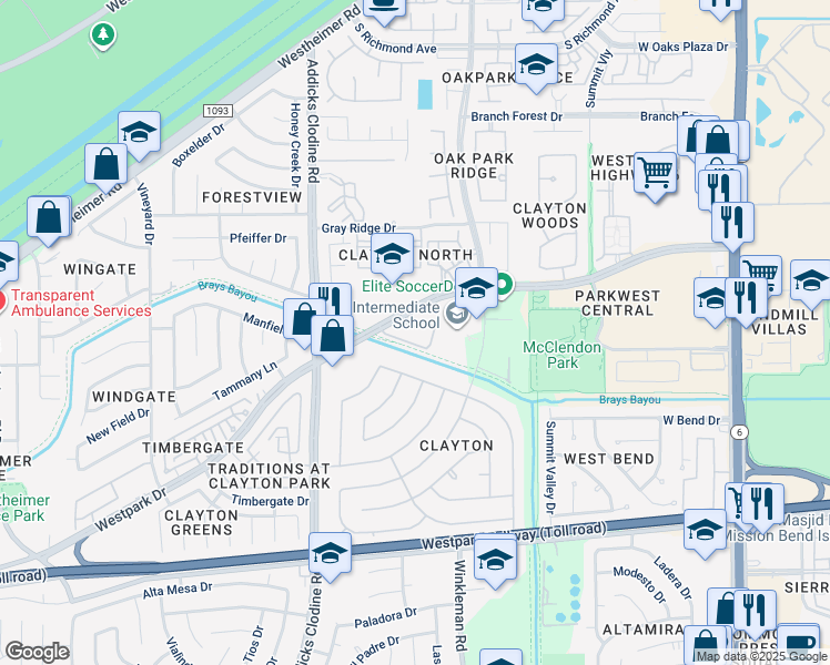 map of restaurants, bars, coffee shops, grocery stores, and more near 15035 Westpark Drive in Houston