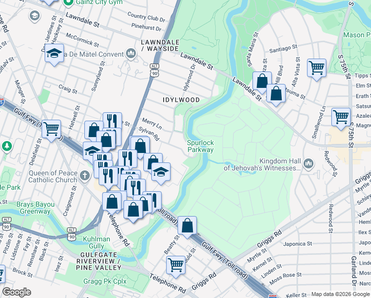 map of restaurants, bars, coffee shops, grocery stores, and more near 1954 North MacGregor Way in Houston