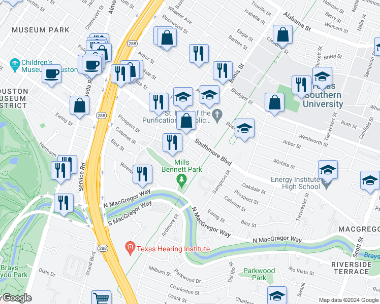 map of restaurants, bars, coffee shops, grocery stores, and more near 3033 Prospect Street in Houston