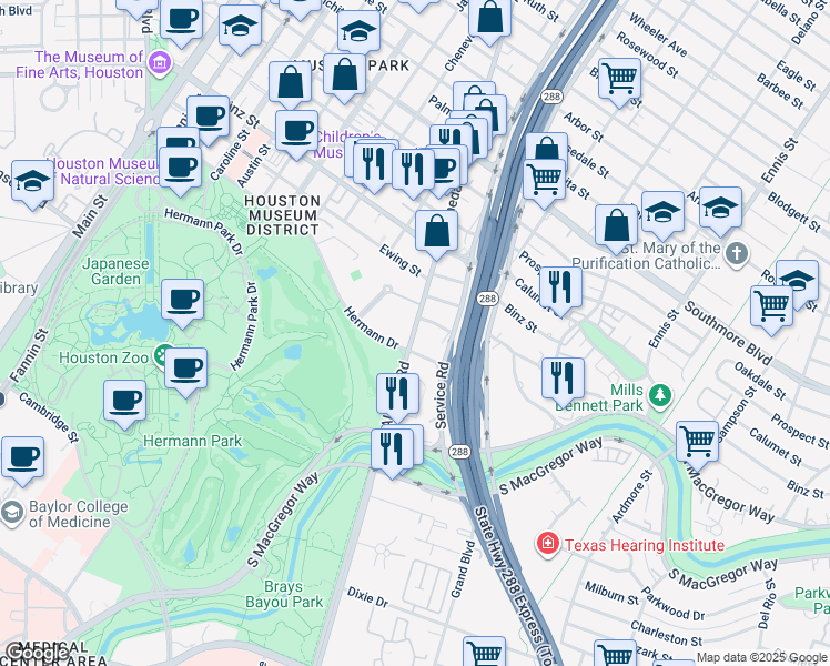 map of restaurants, bars, coffee shops, grocery stores, and more near 2214 North MacGregor Way in Houston