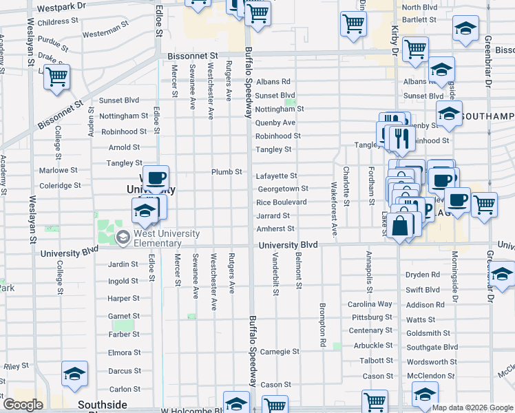 map of restaurants, bars, coffee shops, grocery stores, and more near 3123 Jarrard Street in Houston
